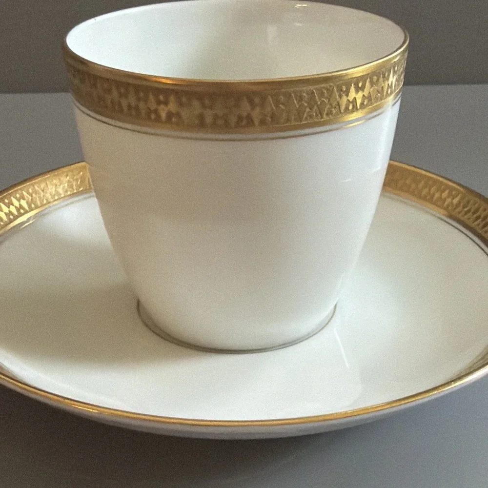 Art Deco TK Thuny Czechoslovakia Porcelain Demitasse Cup & Saucer White w/ Gold